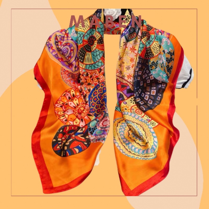 Khăn lụa cam in hoa văn màu sắc choàng cổ quấn áo yếm size 90cm - Maben