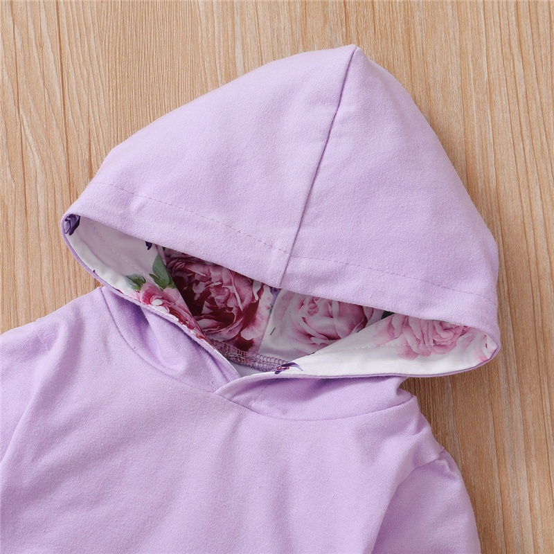 Set trang phục MIKRDOO áo hoodie tay dài quần dài và băng đô nơ cotton họa tiết hoa màu tím xinh xắn dành cho bé gái