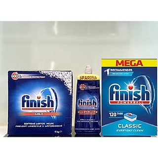 Combo muối rửa bát finish 4kg+nước làm bóng finish 1150ml+viên rửa bát finish 120 viên dùng cho Máy rửa bát