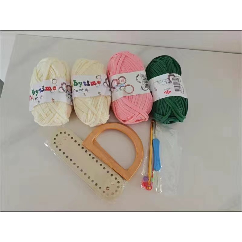 Vải sợi len móc túi xách hoa tulip tay xách bằng gỗ DIY