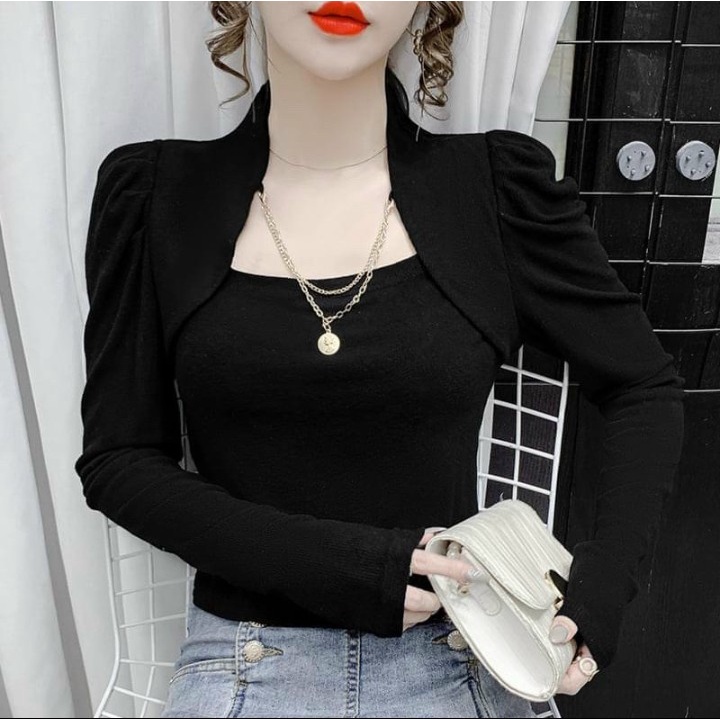 Áo cổ trụ vai phồng chất vải thun Gân co giãn 4 chiều tặng kèm dây phối áo hàng y hình có ảnh thật ( size 40-53kg )