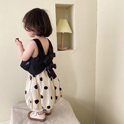 Set Áo Thắt Nơ Lưng + Chân Váy Chấm Bi Phong Cách Hàn Quốc Cho Bé Gái