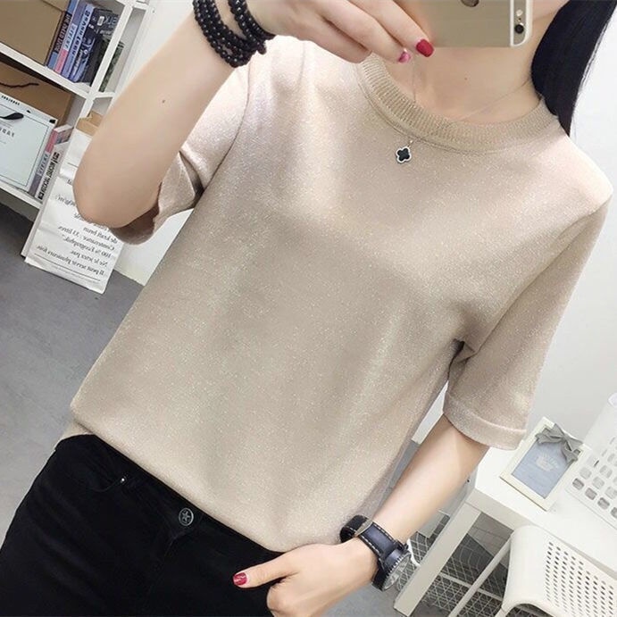 Women's loose bright silk T-shirt base shirt 2021 summer new Korean style ice silk knitted short-sleeved round neck top ins