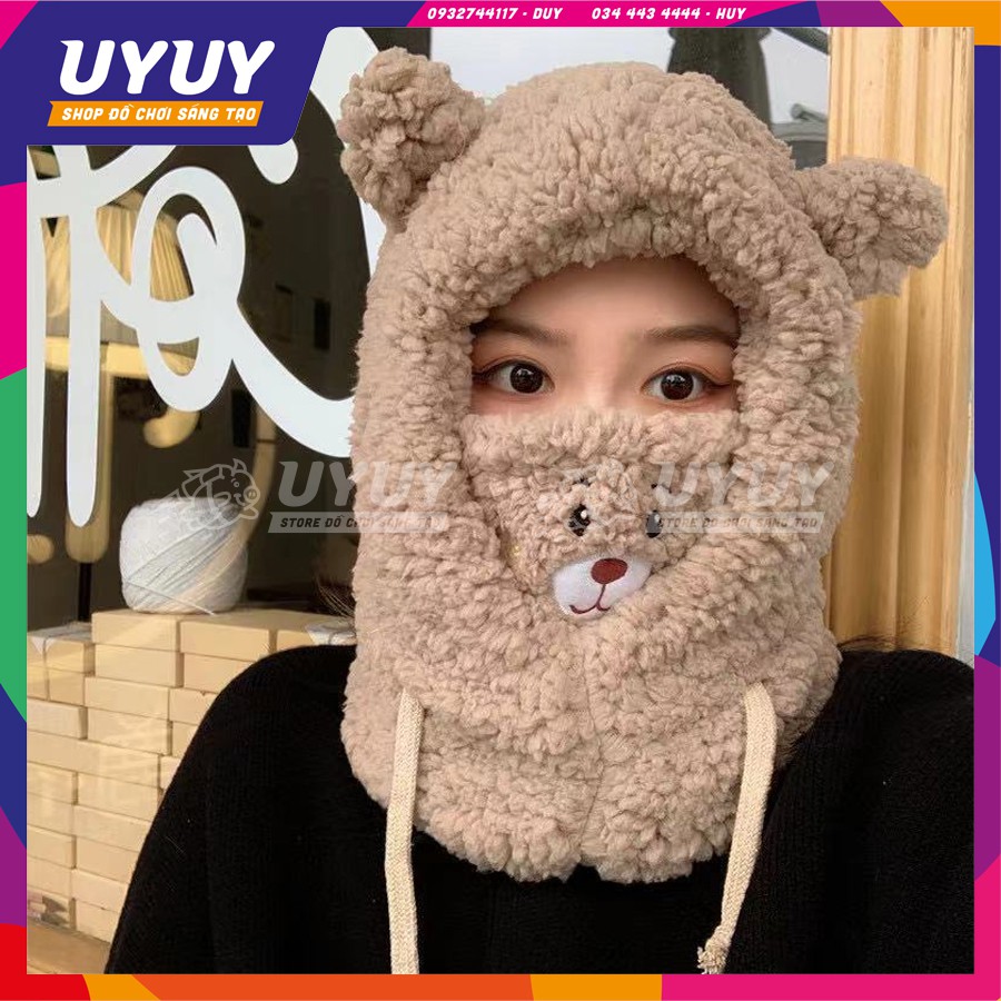 Mũ Lông Hình Gấu Bear Dễ Thương Trùm Đầu Kết Hợp Khẩu Trang