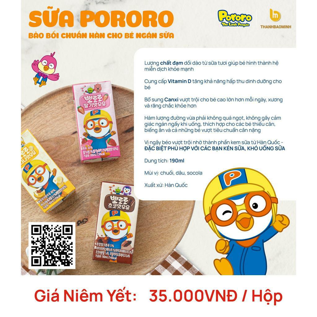 Sữa Dinh Dưỡng Pororo Hàn Quốc Vị Chuối/ Dâu/ Socola, Sữa Đạu Nành Pororo Hộp 190ml