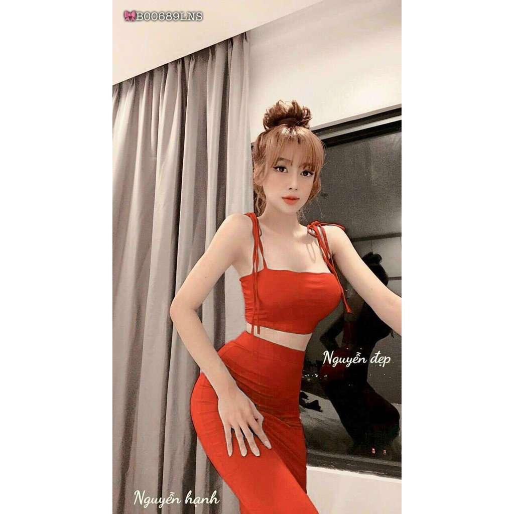 Sét bộ áo hai dây cột vai croptop phối chân váy body dài xẻ tà cực xinh , chất thun bozip mềm mịn