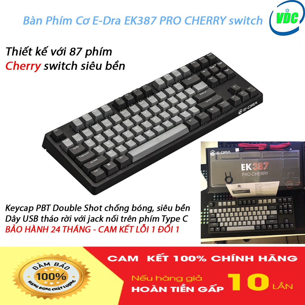 Bàn Phím Cơ E-Dra EK387 PRO CHERRY switch - Keycap PBT Double shot - Bàn phím cơ HOT nhất 2020 - BH 24 tháng