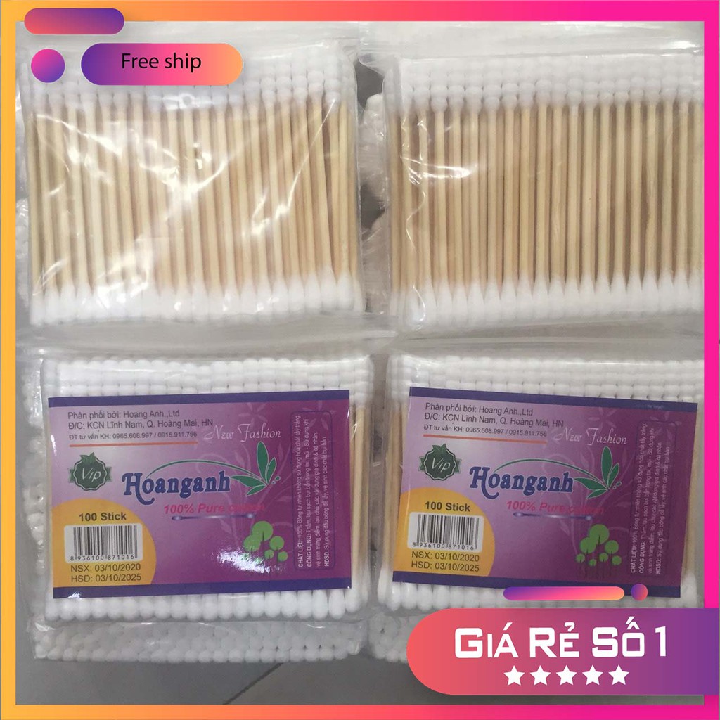 Tăm bông Cao cấp thân gỗ Hoàng Anh Gói 100 que