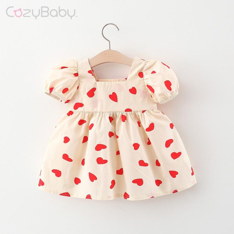 Đầm cho bé gái 1 tuổi Đầm công chúa tay phồng in họa tiết trái tim thời trang mùa hè cho bé gái đầm công chúa cho bé gái