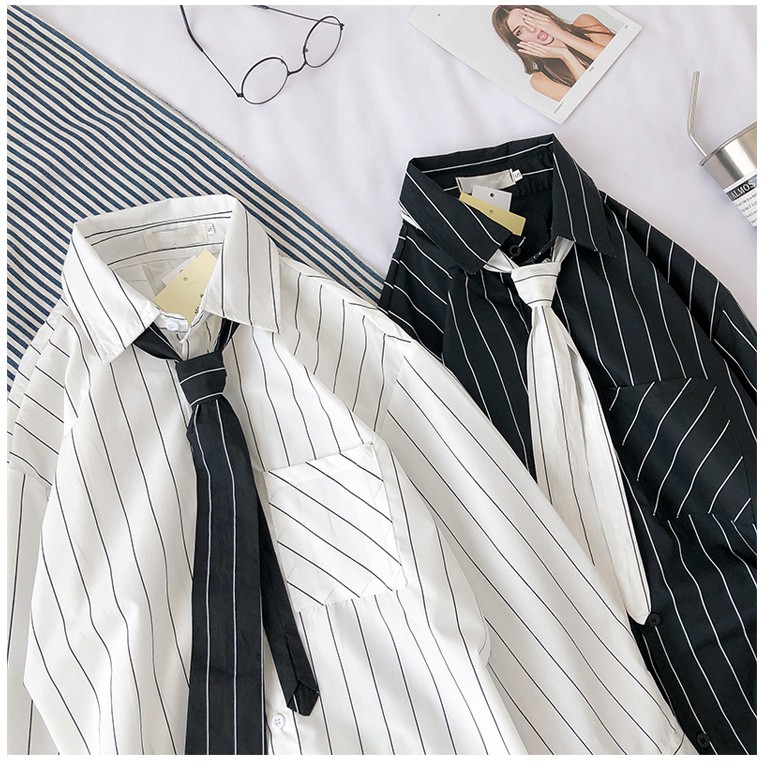 (A129) áo sơ mi unisex kẻ sọc kèm cà vạt 2 màu đen - trắng | BigBuy360 - bigbuy360.vn