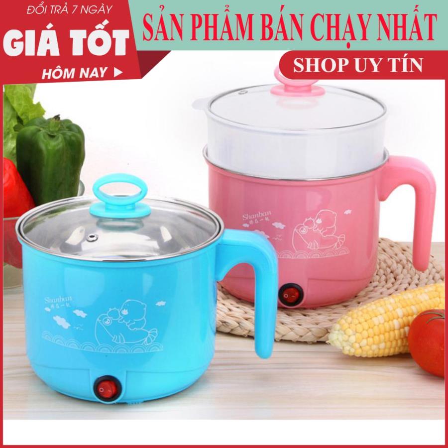 Nồi lẩu điện ca mì có lồng hấp đa năng 2 tầng và nắp kính 18CM&lt;br&gt;