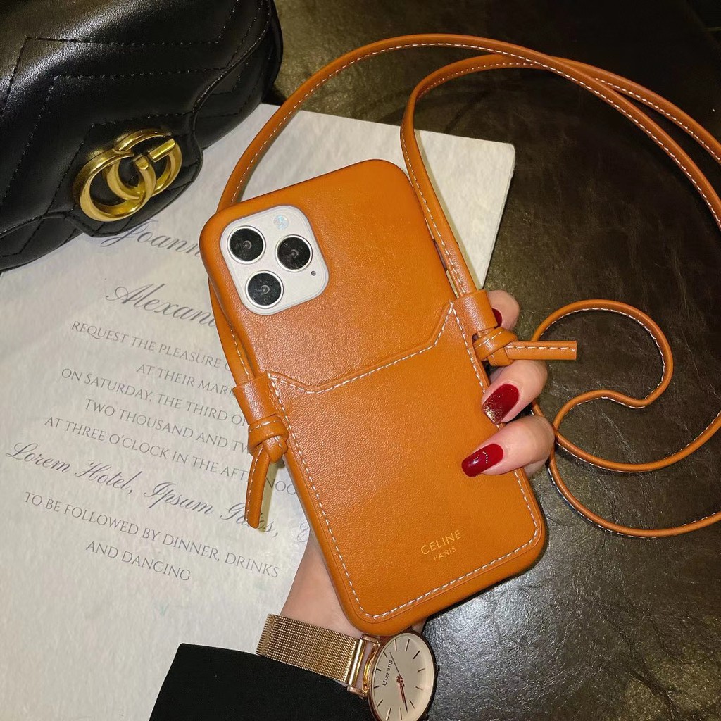 Ốp điện thoại da Celine có ngăn đựng thẻ phía sau và dây đeo cho iphone 11 12 pro max xr xmax | BigBuy360 - bigbuy360.vn