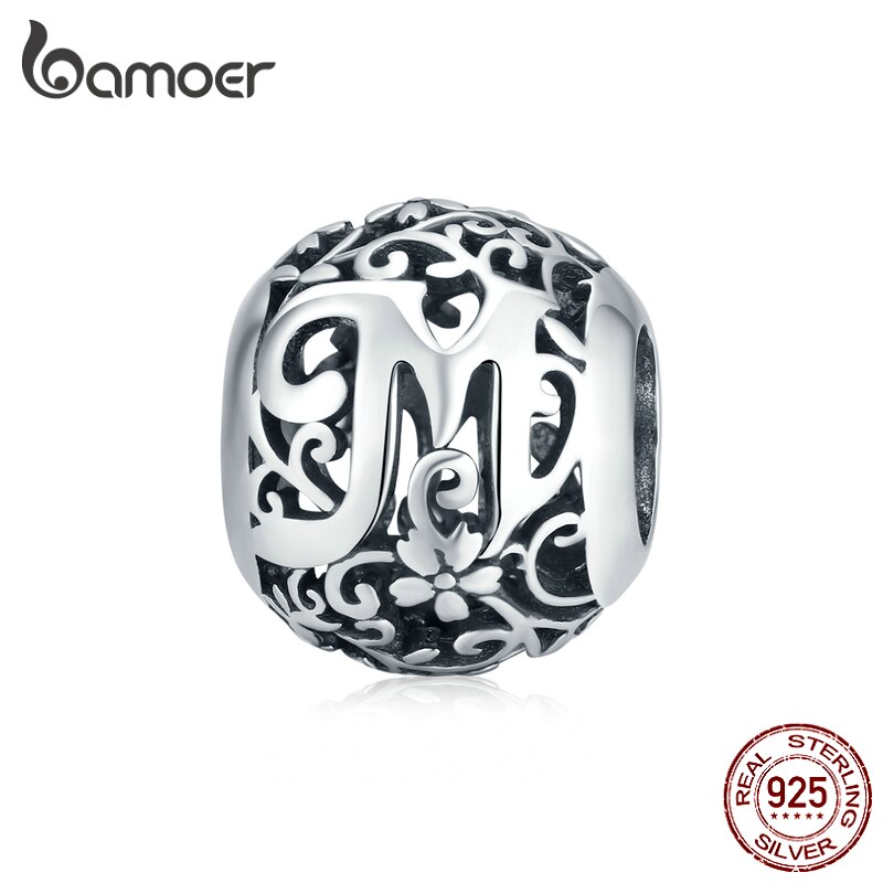 Mặt trang sức bamoer SCC1444 hình tròn họa tiết chữ cái bằng bạc thật 925 dùng làm trang sức độc đáo