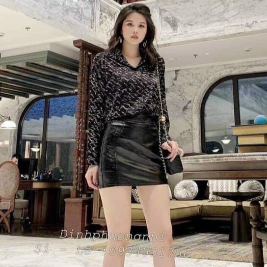 Áo sơ mi lụa nữ cao cấp dài tay họa tiết chữ 2 màu đen be