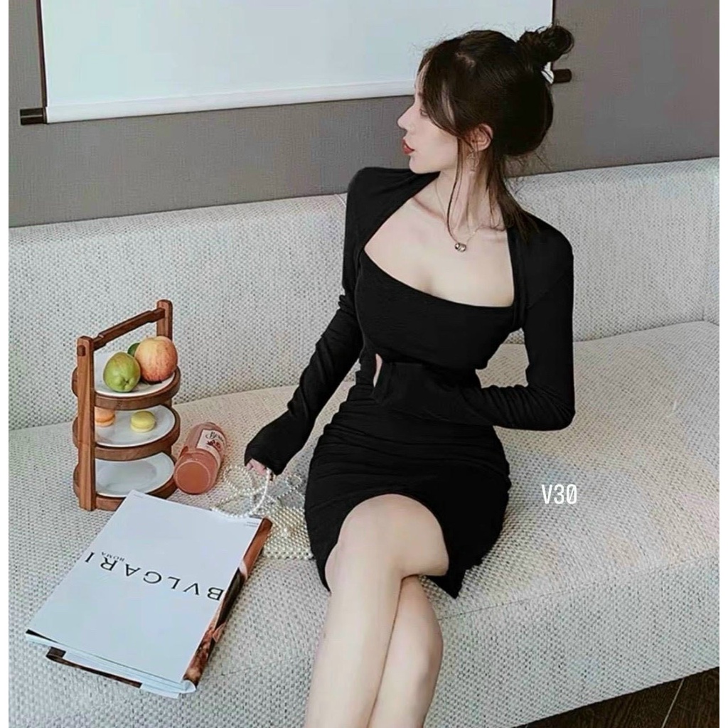 Váy Body Tay Dài Cổ Vuông Sexy - Đầm Mini Dáng Ôm Phong Cách Hàn Quốc
