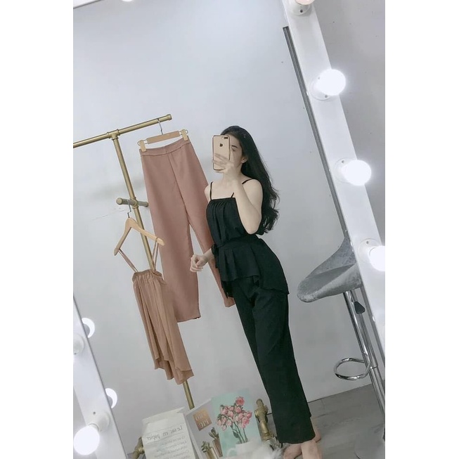 Set áo hai dây vải voan kèm quần dài cho nữ, mặc đi chơi, đi tiệc tùng, sự kiện, vải dày dặn, kèm dây cột làm điệu