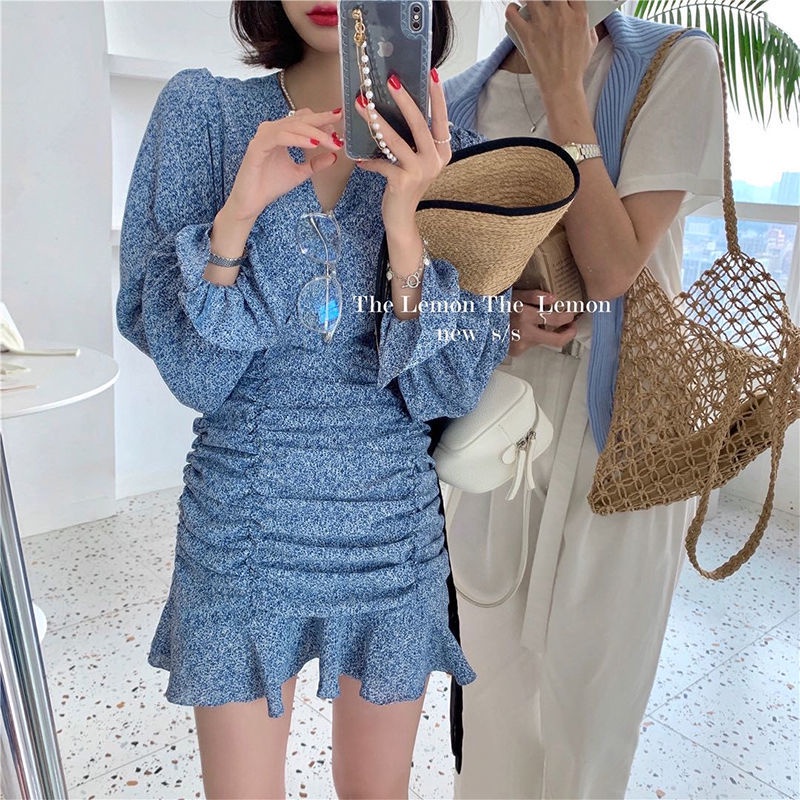 Đầm PERTY cổ chữ V họa tiết hoa phong cách Hàn Quốc thời trang mùa hè xinh xắn dành cho nữ