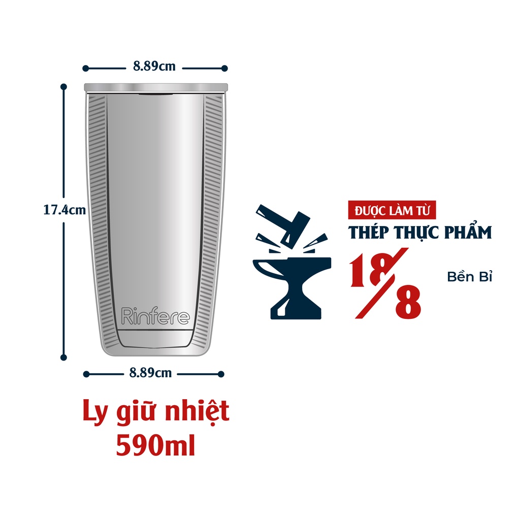 Ly Giữ Nhiệt Nắp Trượt Chống Tràn Rinfere - Tặng Kèm Ống Hút Không Gỉ, Dụng Cụ Vệ Sinh Ông Hút (590ml)