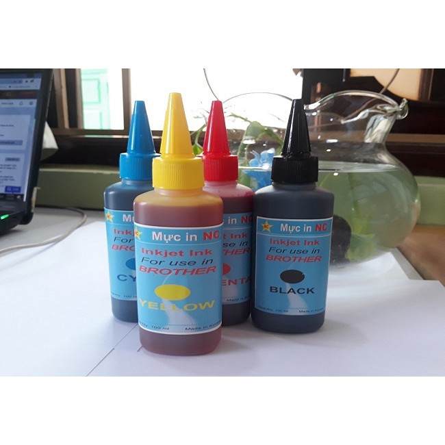 4 màu mực bơm in phun Brother 100ml: Xanh, Đỏ, Vàng, Đen. Chai, lọ mực nước Dye Ink nạp, đổ vào bộ hệ ngoài máy in phun