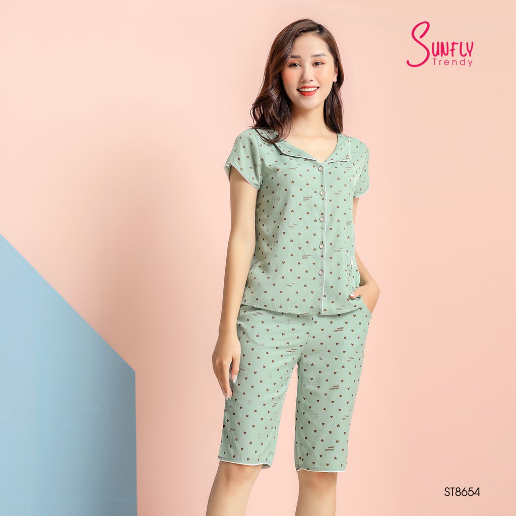 Bộ pijamas đũi Sunfly áo cộc quần trên gối ST8654