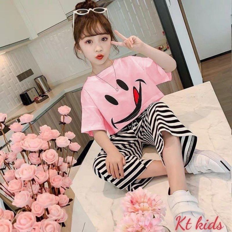 Bộ thun cotton quần kẻ xinh tươi cho bé 12-26kg