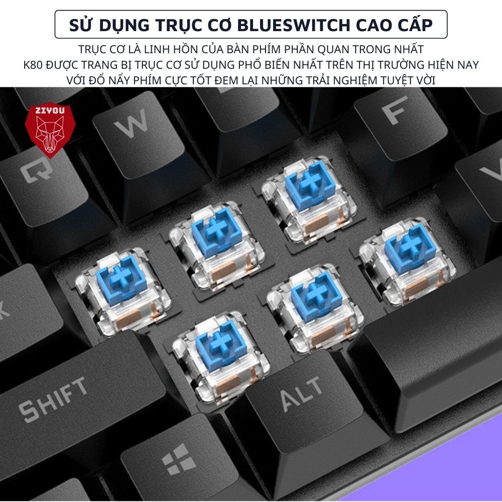 Bàn Phím CƠ Game Ziyou K80 Led 20 Chế Độ Nháy, Phím Cơ Blue Switch Cao Cấp, 87 Keys Tương Thích Mọi Máy Tính, Laptop, PC