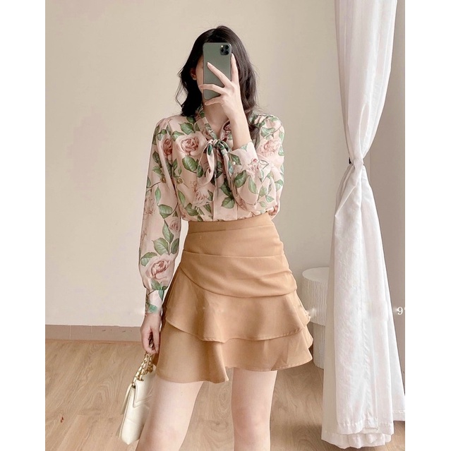 áo sơ mi hoa cổ nơ tiểu thư phong cách hàn quốc chất liệu vải tơ mềm mịn A42