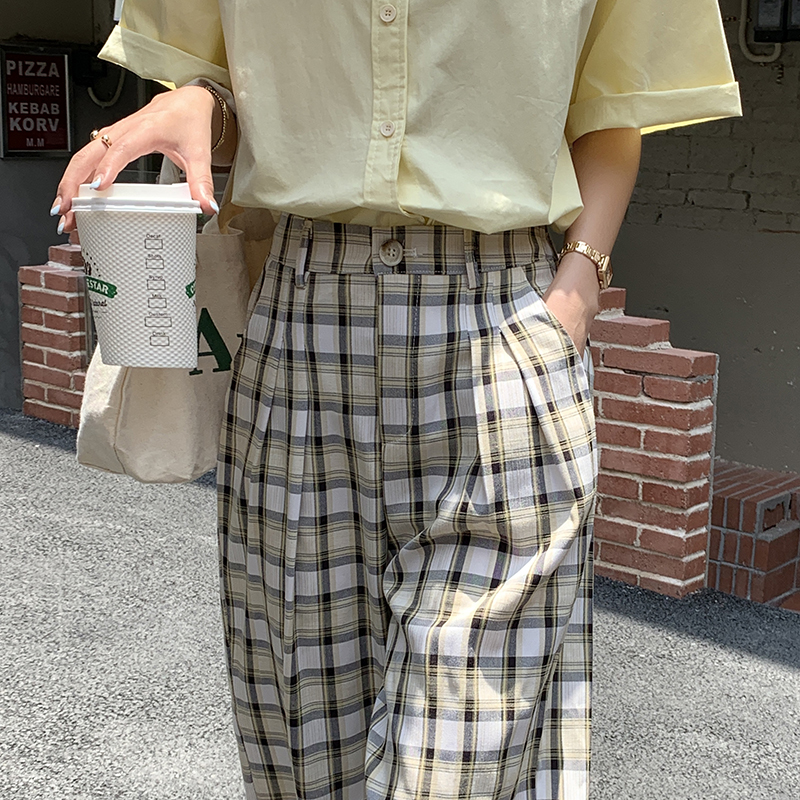 43497 New style plaid high-waist straight-leg casual pants trousers
