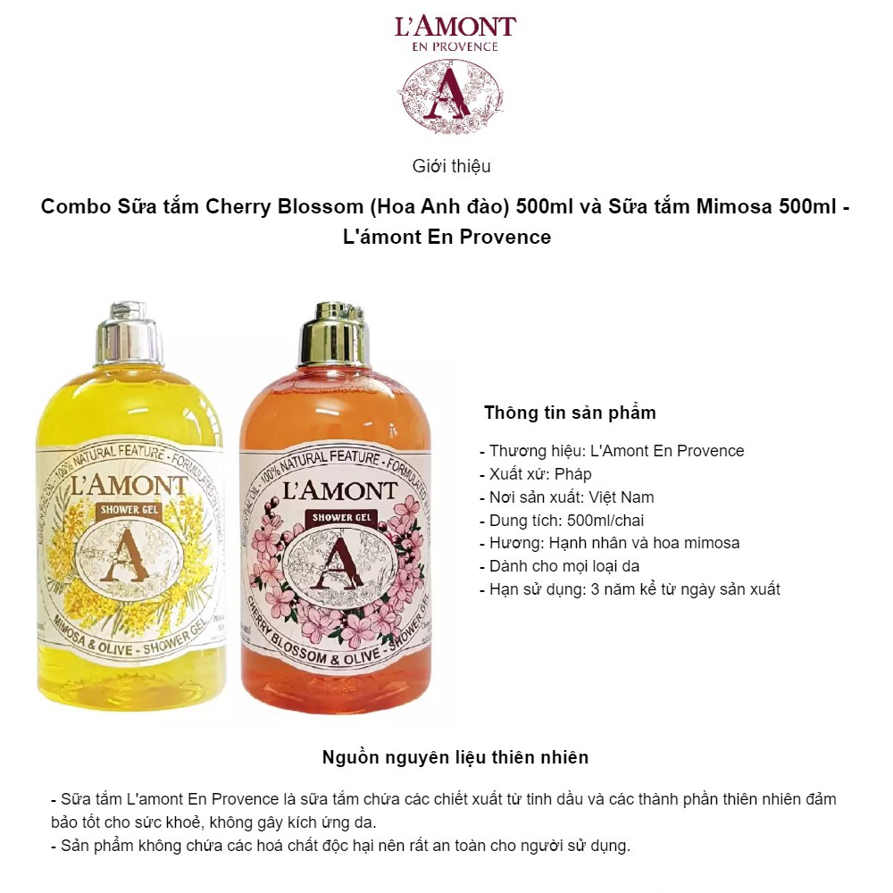 Combo Sữa tắm Cherry Blossom (hoa anh đào) 500ml và Sữa tắm Mimosa 500ml - L'amont En ProvenceSữa tắm