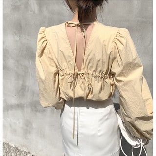 Áo Kiểu Tay Bồng Dài Tay Cổ Tròn Màu Trơn Form Rộng Hở Lưng Ulzzang Hàn Quốc Áo Kiểu Nữ Thời Trang Tay Phồng Tay Dài