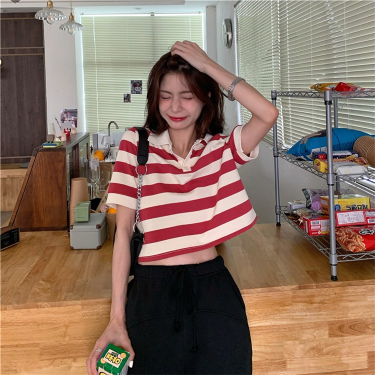 Áo Polo Xiaozhainv Dạng Croptop Ngắn Tay Họa Tiết Sọc Phối Cúc Kiểu Vintage Hàn Quốc Cho Nữ