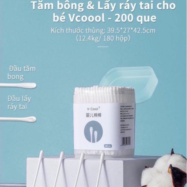 [CAM KẾT CHÍNH HÃNG]Tăm Bông VCOOL Đa Năng, Tăm Bông Vệ Sinh Lấy Ráy Tai Lõi Giấy Hộp 200 Que An Toàn Cho Bé Sơ Sinh.