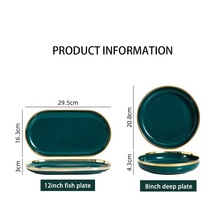 Bộ chén bát sứ xanh lục bảo viền vàng cao cấp phong cách châu âu