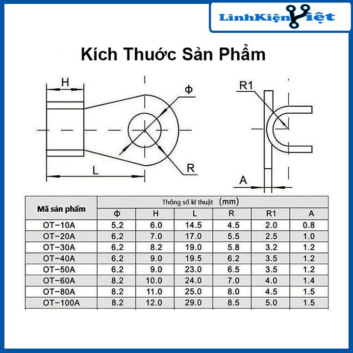 Cos dây điện đồng đỏ OT 5A-10A-20A-25A-30A-50A-100A, cốt bấm nối dây điện bình ắc quy