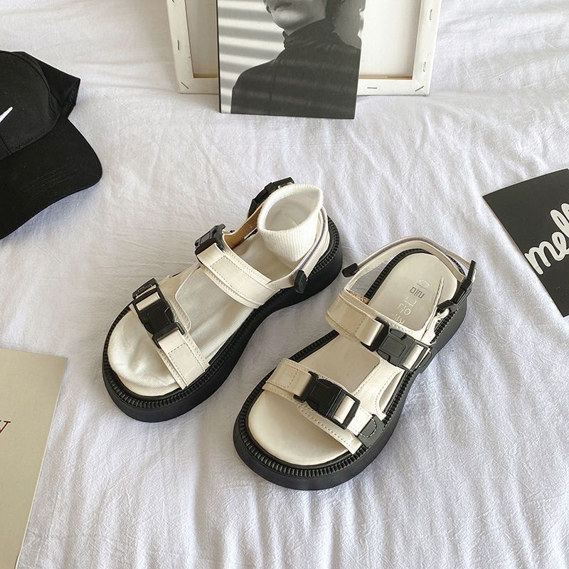 Giày Sandal Thể Thao Đế Dày Mũi Tròn Màu Trắng Đen Thời Trang Mùa Hè 2022 Cho Nữ