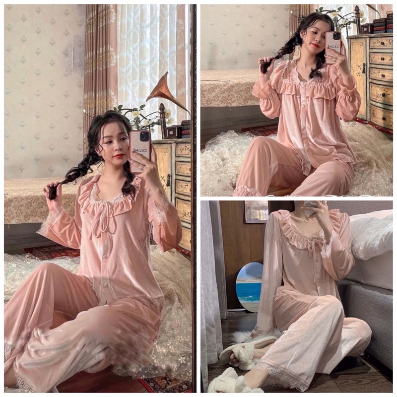 BỘ NGỦ PIZAMA NHUNG ĐIỆU ĐÀ ULZZANG