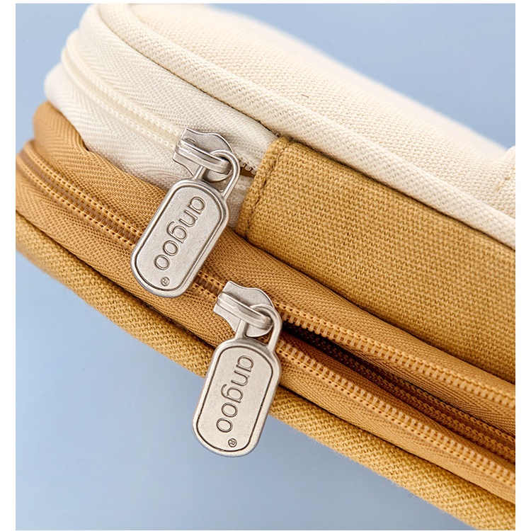 Hộp bút vải canvas Angoo túi bút double pen case bóp viết nhiều ngăn đa năng 6 màu dung tích lớn