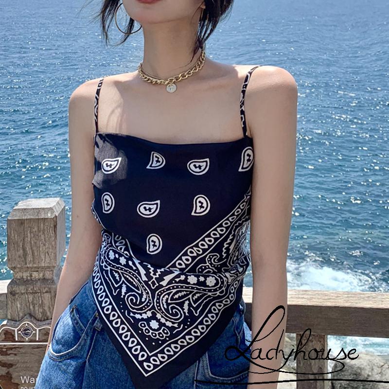 Áo Tank Top Hai Dây Hở Lưng In Họa Tiết Thời Trang Mùa Hè Màu Đen / Xanh Dương Cho Nữ