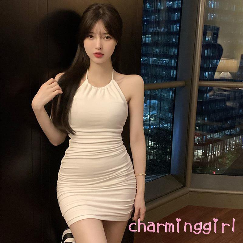Đầm Mini Hở Lưng Cổ Yếm Màu Trơn Thời Trang Cho Nữ