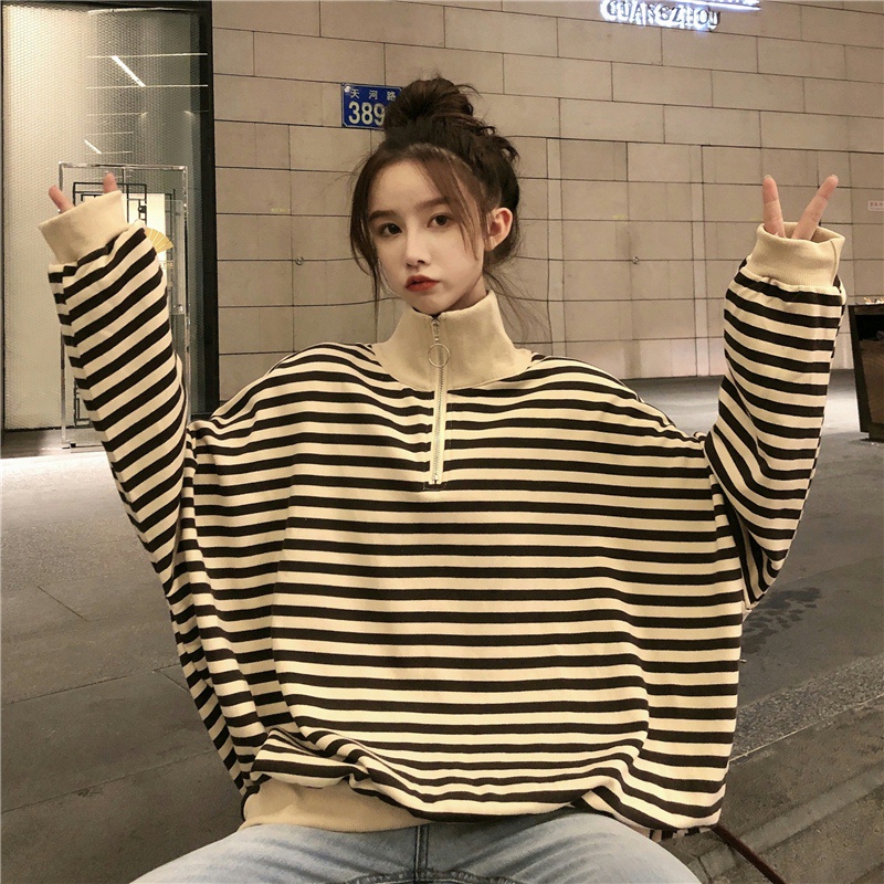 Áo sweater tay dài cổ bẻ kẻ sọc caro phối khóa kéo kiểu Hàn Quốc cá tính | BigBuy360 - bigbuy360.vn
