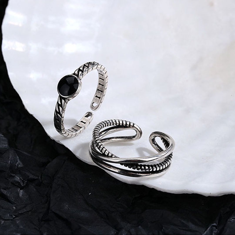 Nhẫn đeo ngón tay hai lớp dạng mở có thể điều chỉnh hình dấu chéo kẻ sọc đen phong cách Hip-hop Hàn Quốc đơn giản retro