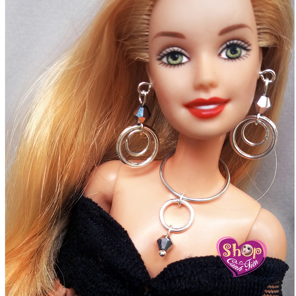 Trang Sức Búp Bê Barbie Handmade cao cấp - Vòng cổ, Hoa Tai Búp bê Khoen Tròn kết hợp Pha lê Bạc Sáng