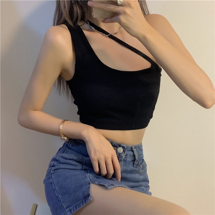 Áo Croptop Hai Dây Chéo Lệch Vai Dáng Ôm Hở Vai Có Mút Đệm Ngực Phong Cách Hàn Quốc Thời Trang Quyến Rũ