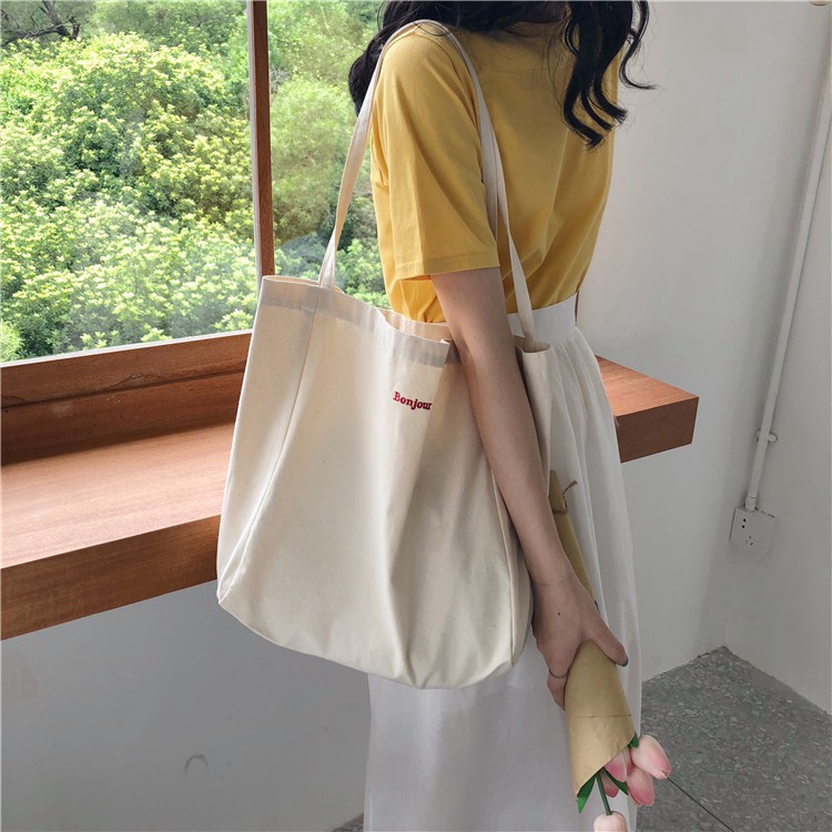 [G03] (Freeship từ 50k)Modi MD50- Túi tote vintage size lớn thêu chữ "BONJOUR" S021