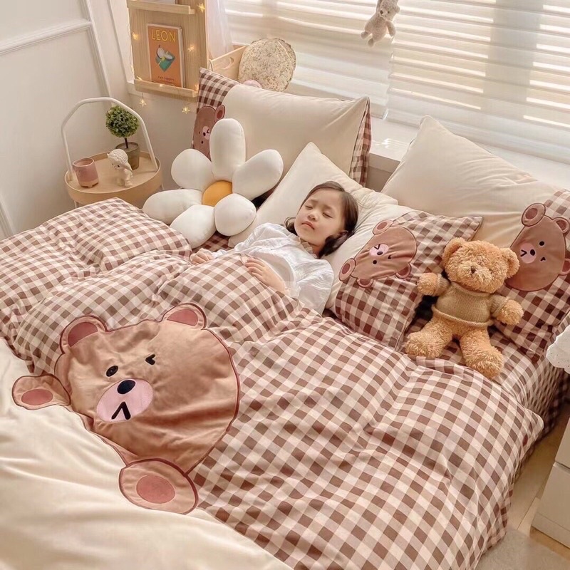 BỘ CHĂN GA GỐI NỈ SỮA GẤU TEDDY PHỐI KẺ DỄ THƯƠNG (đủ size)