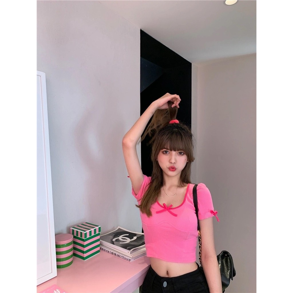 áo croptop thắt nơ hồng dễ thương chất liệu len dệt kim | BigBuy360 - bigbuy360.vn