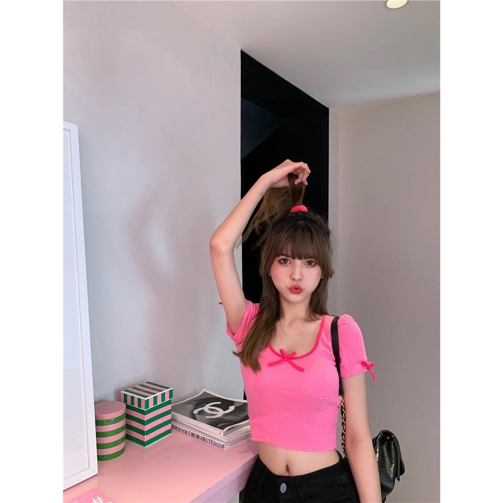 áo croptop thắt nơ hồng dễ thương chất liệu len dệt kim