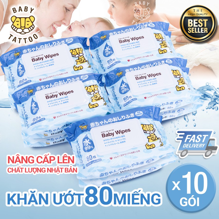 BABY TATTOO Combo 10 Khăn Giấy Ướt Cao Cấp Không Mùi, Gói 80 Miếng