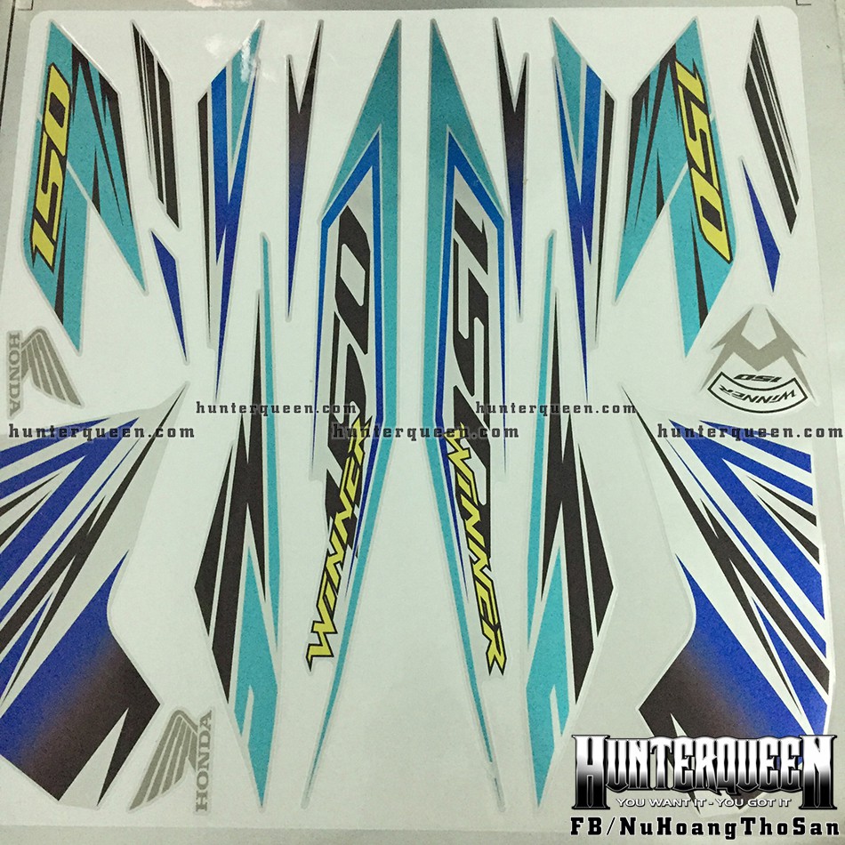 Tem rời xe Winner trắng. Phối xanh, chất liệu crom. Thay đổi màu sắc và chi tiết theo yêu cầu. Sắc nét, chống nước