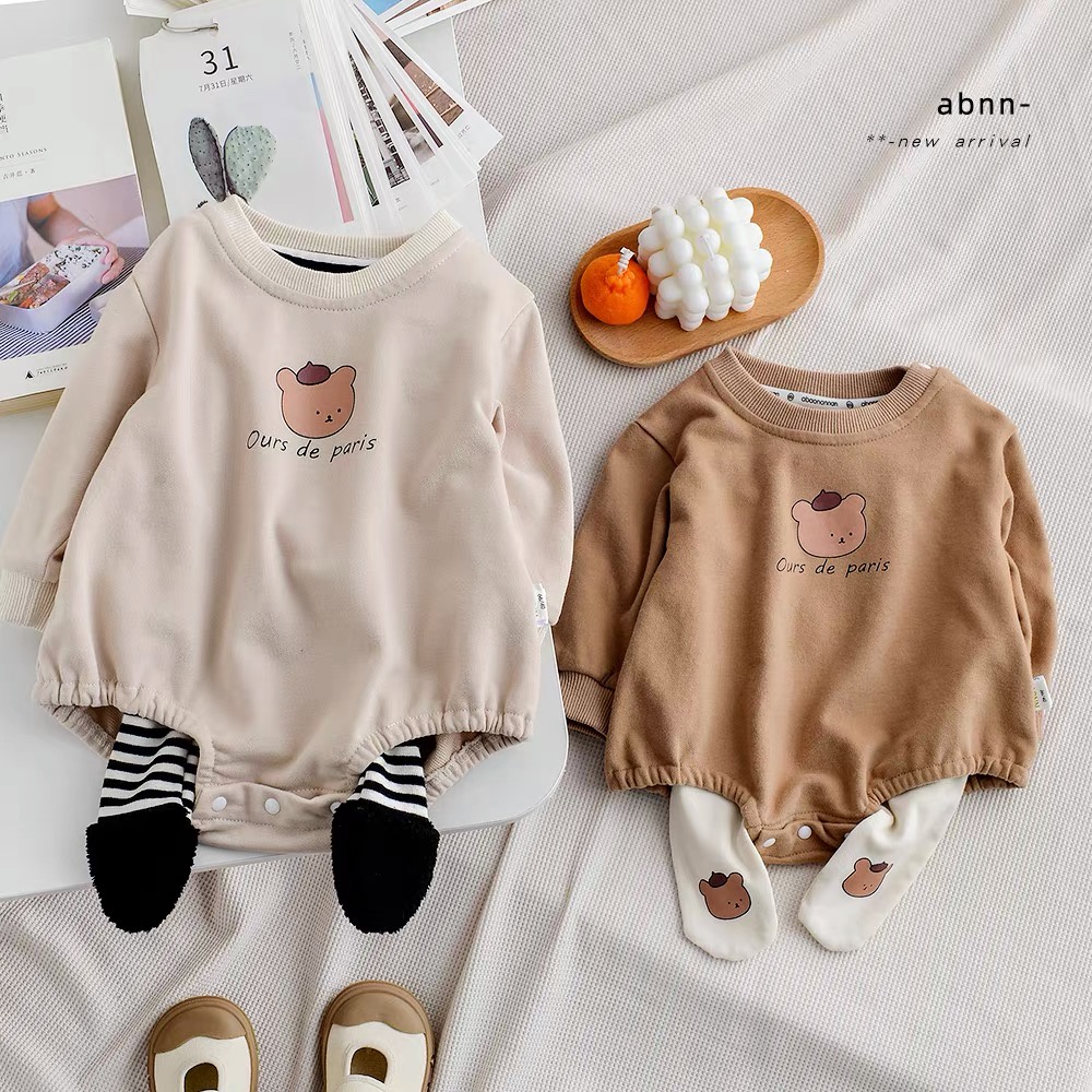 Bộ áo liền quần tay dài họa tiết gấu hoạt hình đáng yêu thời trang cho trẻ em 0-24 tháng tuổi